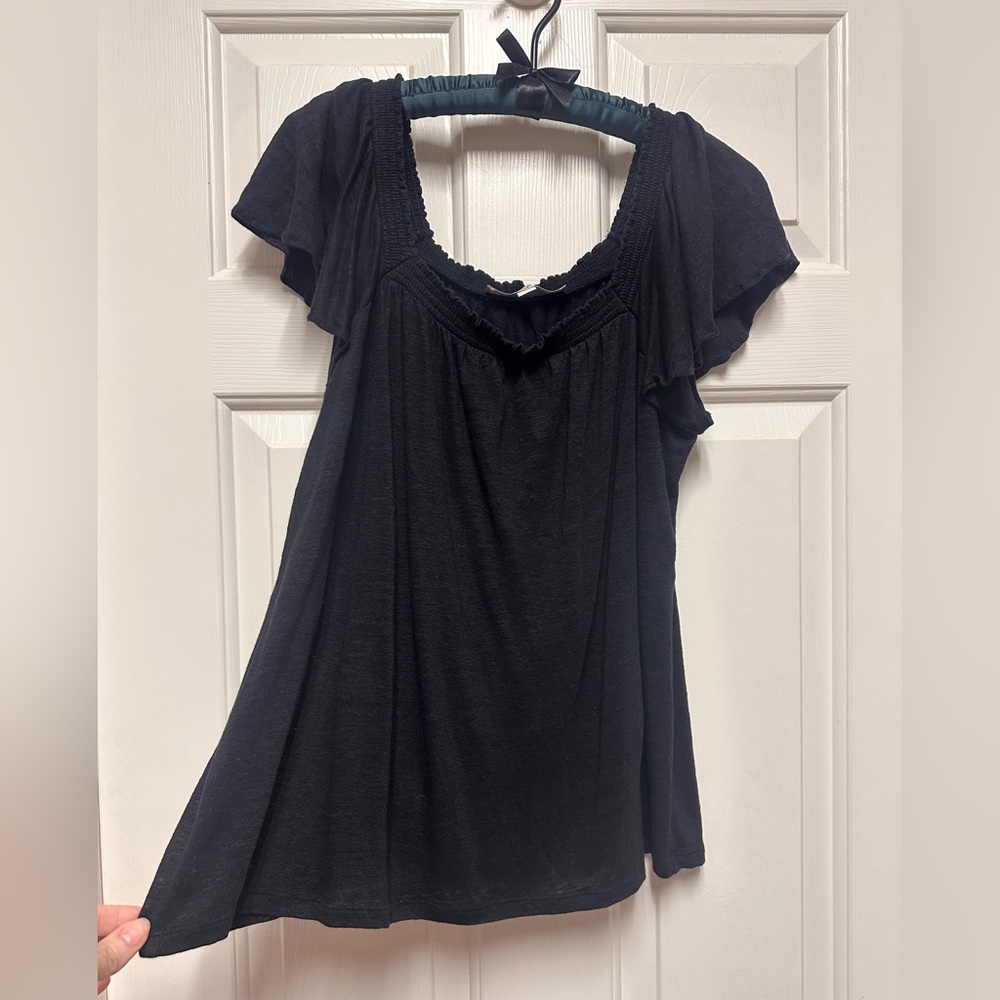 LOFT Linen Elegant Black Women's Square Neck Top